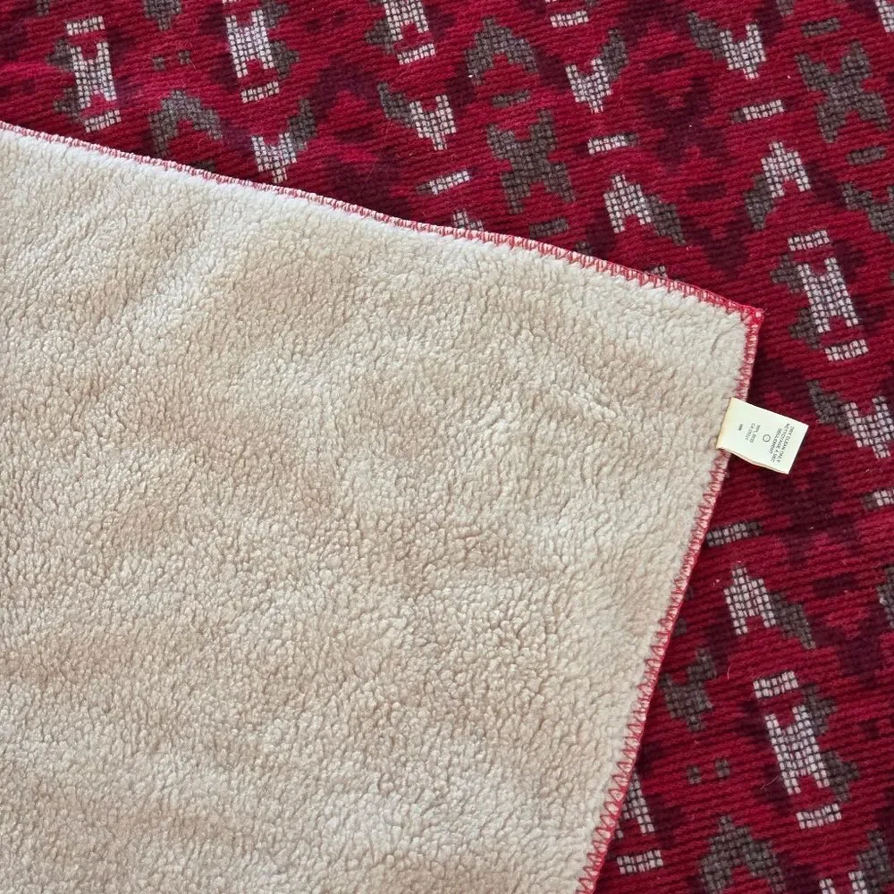 WOOLRICH Wool Throw Blanket USA Aztec Pattern Sherpa Back 56 x 68 Burgundy NWOT